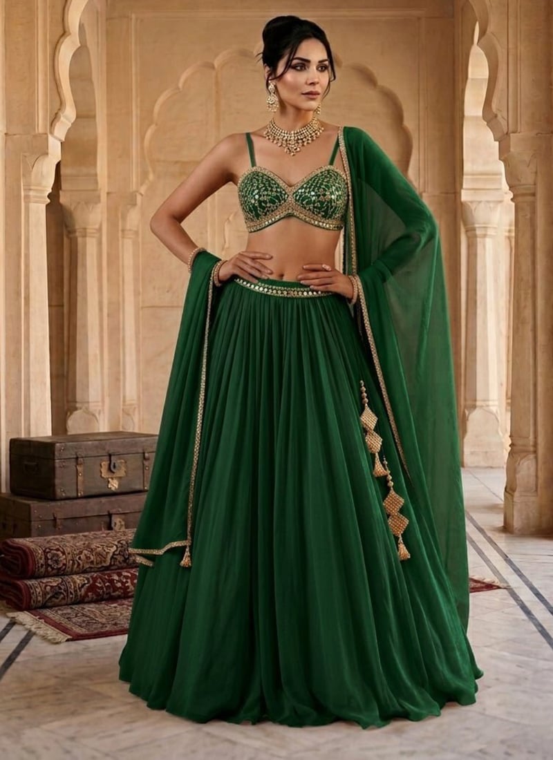Green Georgette Mirror Work Hand Embroidered Cut Dana Lehenga Wedding Wear