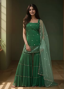 Green Georgette Mirror Work Hand Embroidered Sharara Suit