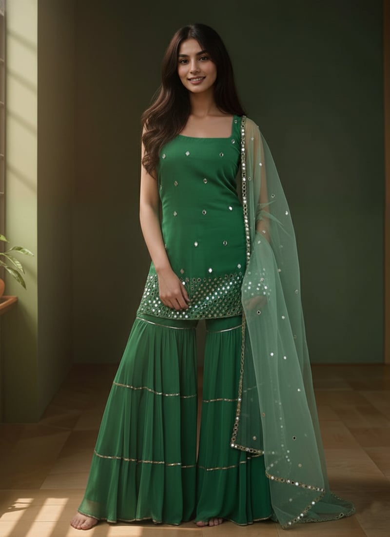 Green Georgette Mirror Work Hand Embroidered Sharara Suit