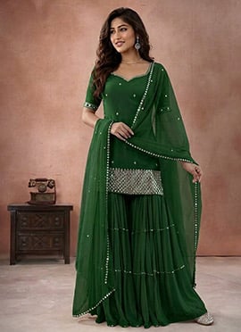 Green Georgette Mirror Work With Zari Embroidered Palazzo Suit