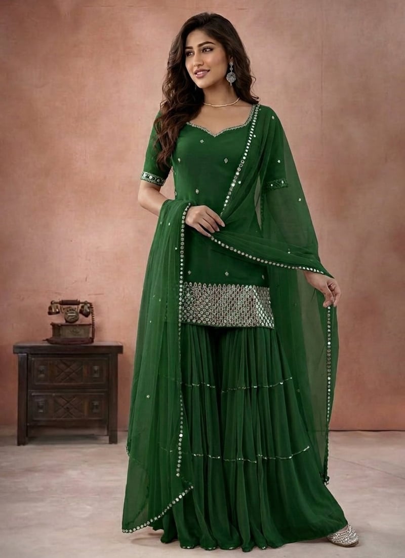 Green Georgette Mirror Work With Zari Embroidered Palazzo Suit Festive Wear