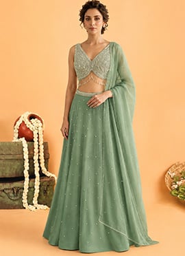 Green Georgette Poth Cutdana Sequins Hand Embroidery Lehenga