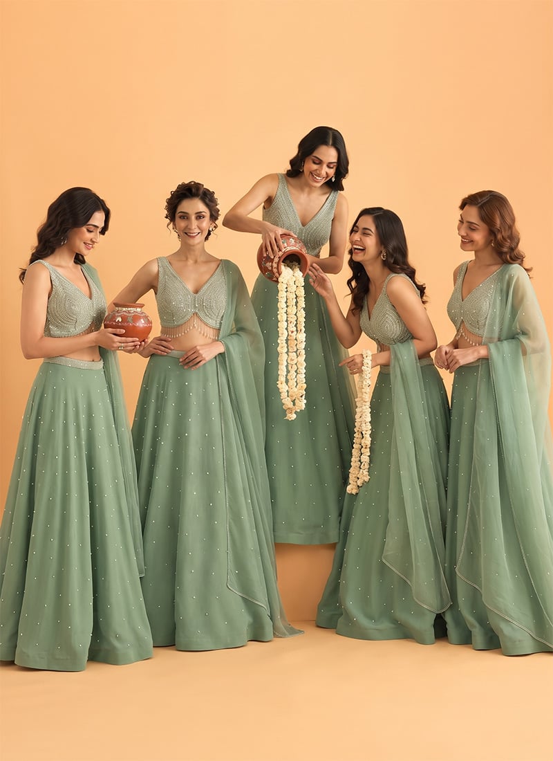 Green Georgette Poth Cutdana Sequins Hand Embroidery Lehenga Wedding Wear
