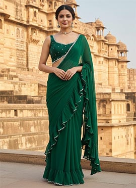 Green Georgette Pre Draped Ruffle Saree