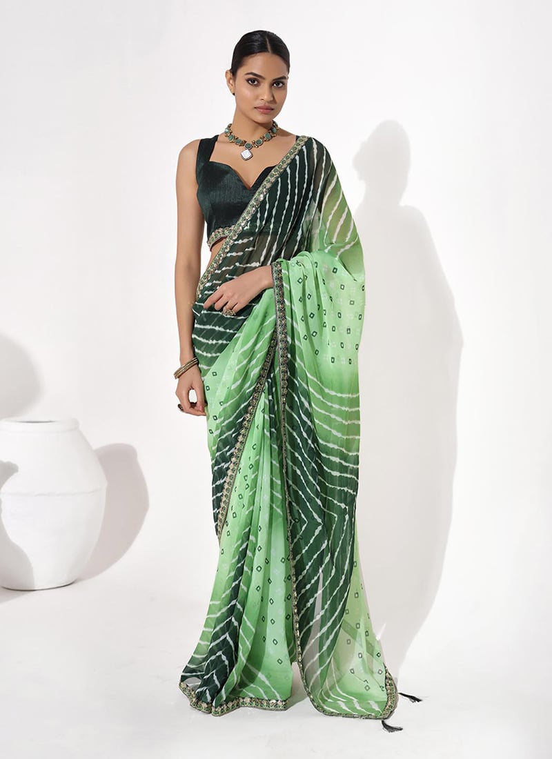 Green Georgette Printed And Border Embroidered Lace Saree After Six Wear