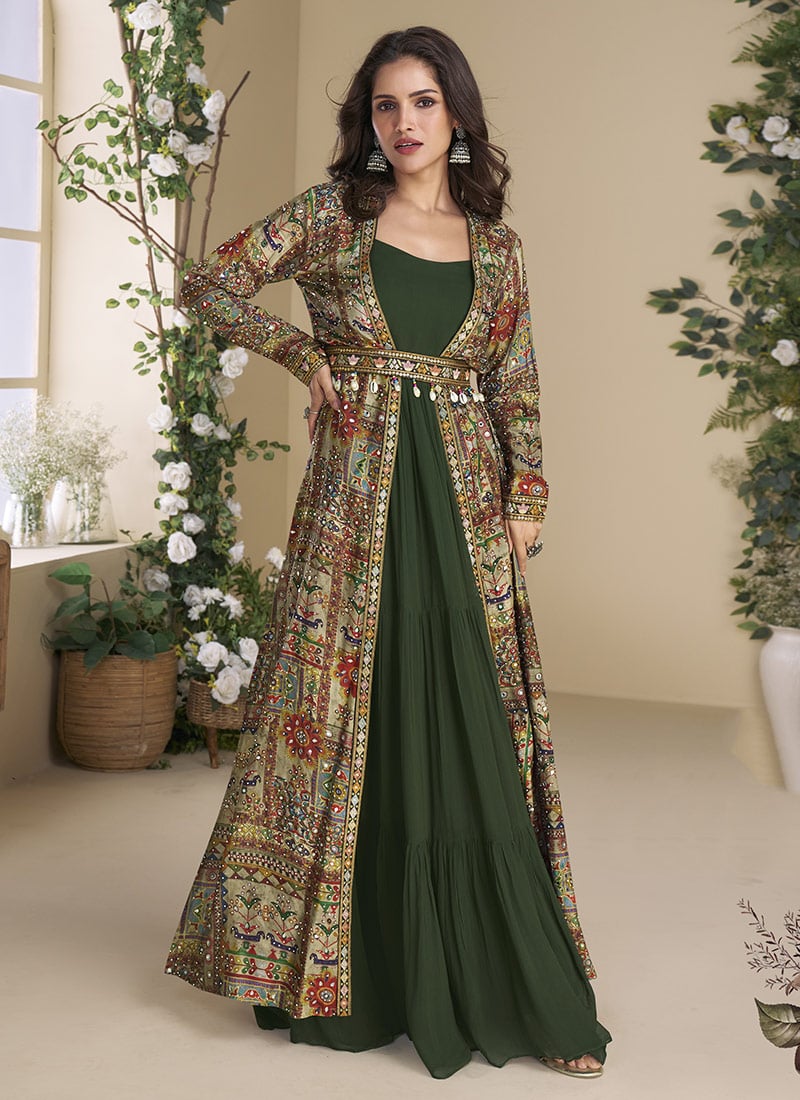 Green Georgette Printed Embroidered Sequins Stones Mirror Work  Jacket With Gown