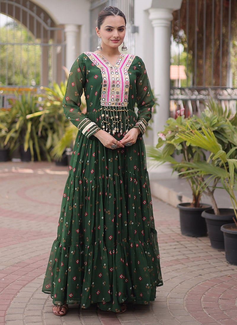 Green Georgette Printed Kutchi Patch Work Indowestern Gown Festive Wear