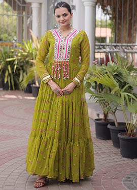 Green Georgette Printed Kutchi Patch Work Indowestern Gown