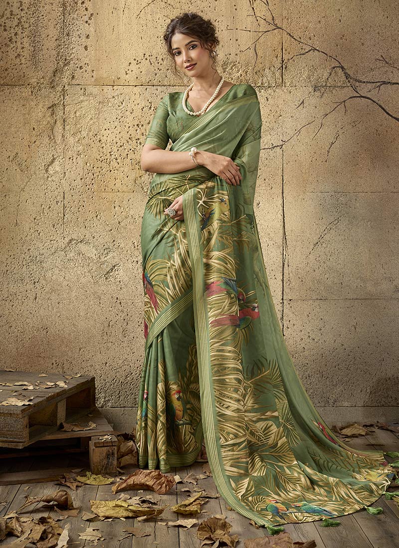 Green Georgette Printed Saree Leisure Wear