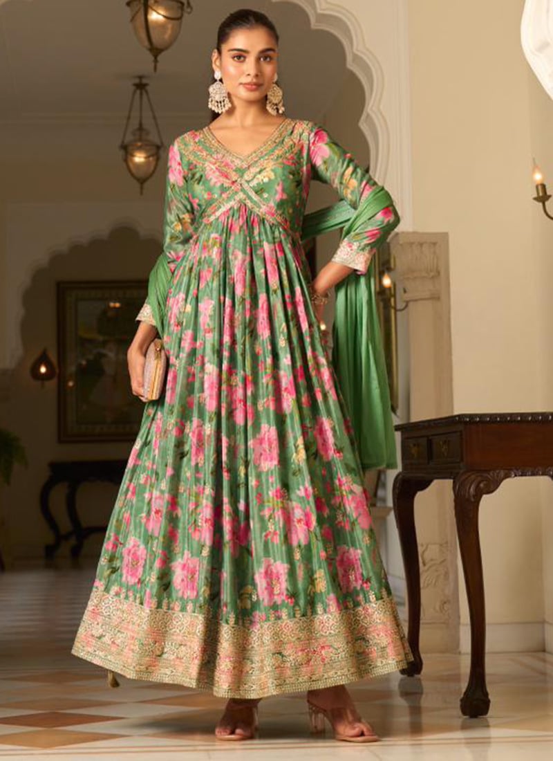 Green Georgette Printed Zari Embroidered Sequins Anarkali Suit Festive Wear