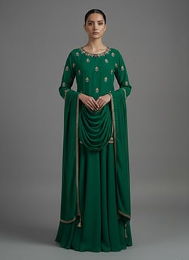Green Georgette Resham A Line Lehenga