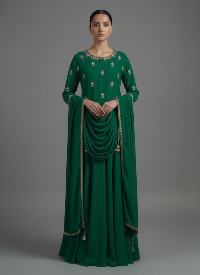 Green Georgette Resham A Line Lehenga Festive Wear