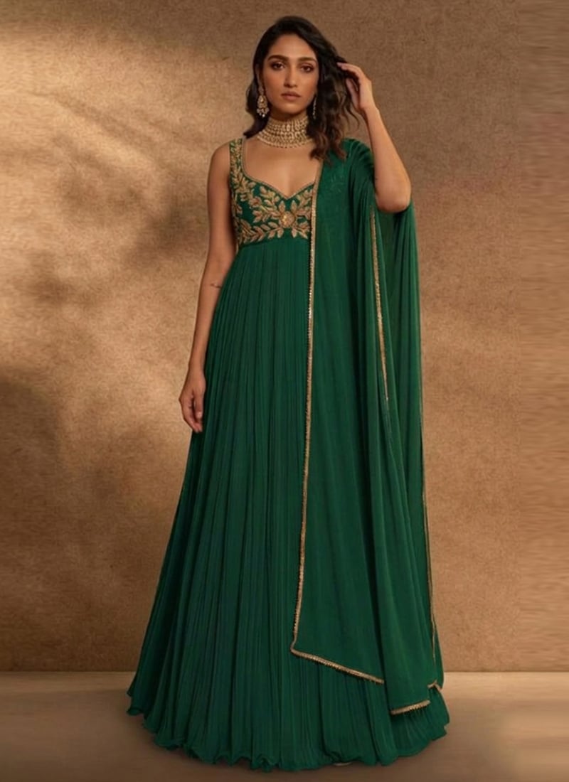 Green Georgette Resham Beads Hand Embroidered Anarkali Suit Festive Wear