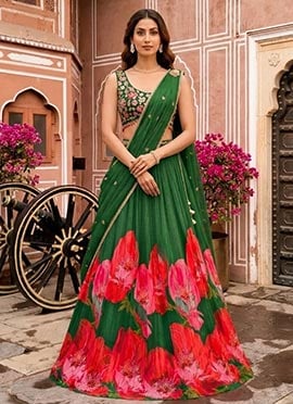 Green Georgette Resham Sequins And Beads Hand Embroidered Digital Print Lehenga