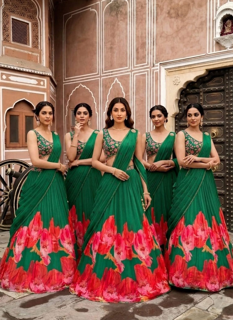 Green Georgette Resham Sequins And Beads Hand Embroidered Digital Print Lehenga Wedding Wear