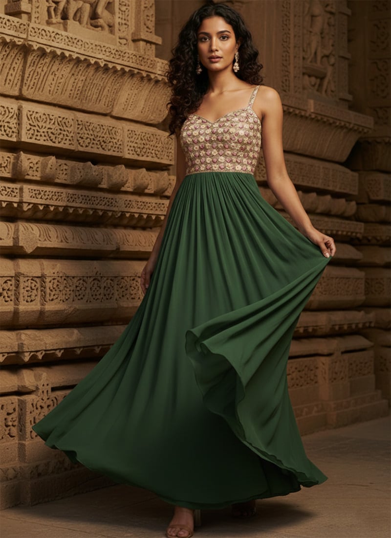 Green Georgette Resham Sequins Cutdana Hand Embroidered Anarkali Suit Festive Wear