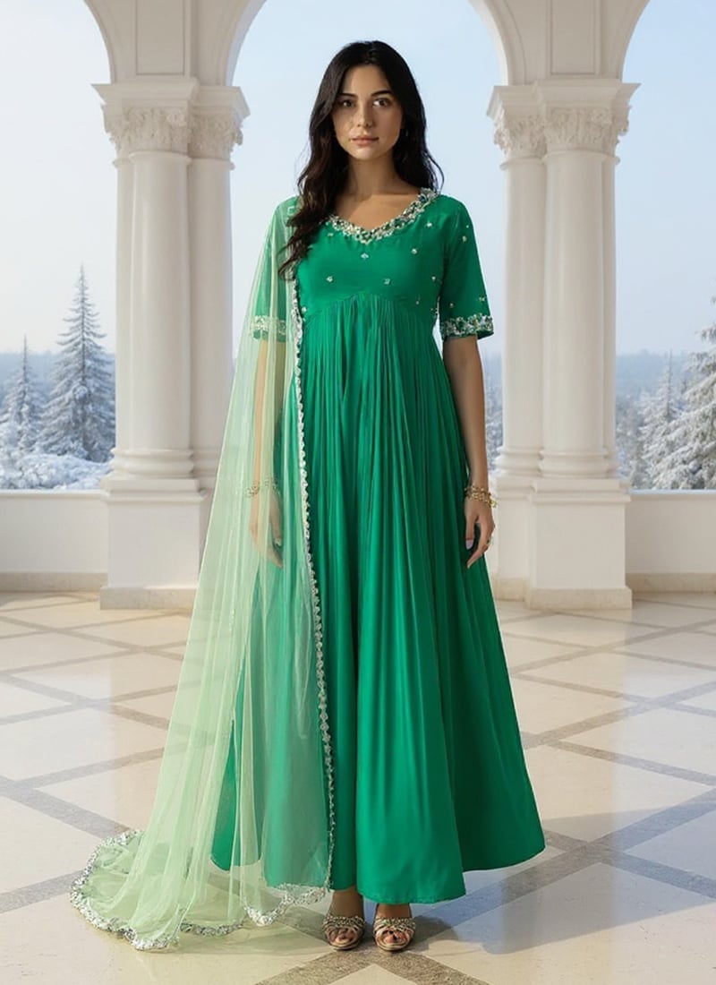 Green Georgette Resham Sequins Hand Embroidered Anarkali Suit Festive Wear