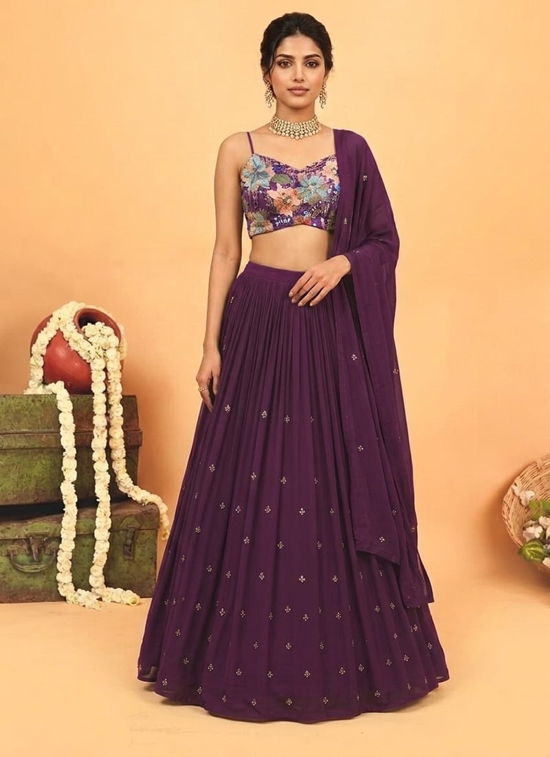 Green Georgette Resham Sequins Hand Embroidered Lehenga Wedding Wear