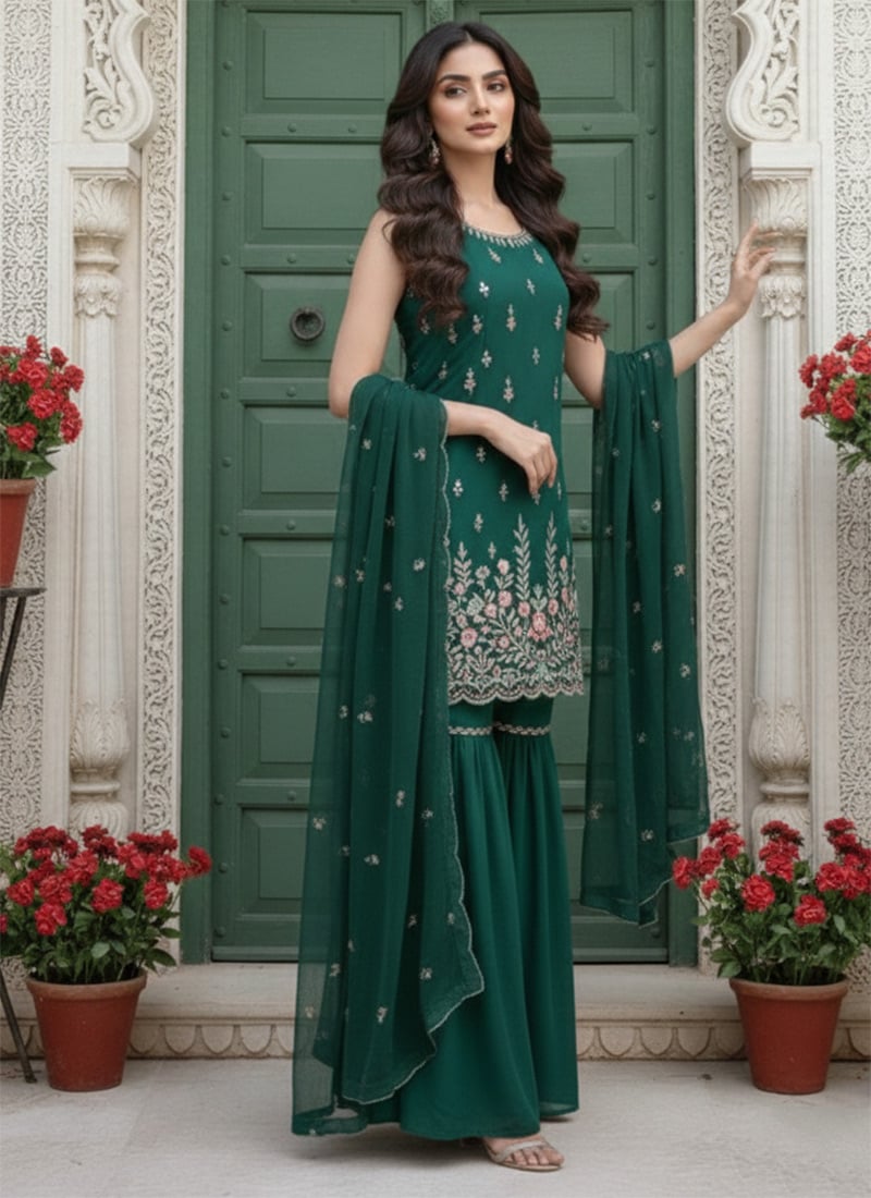 Green Georgette Resham Sequins Sharara Suit Festive Wear