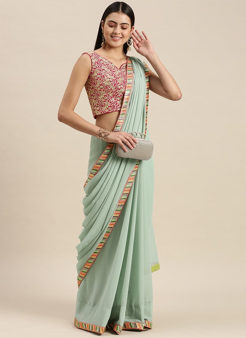 Green Georgette Saree N Pink Embroidered Blouse Festive Wear