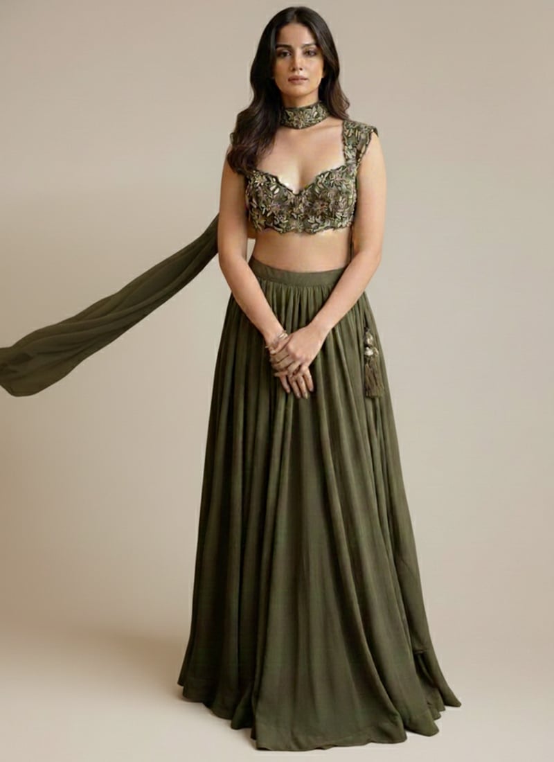 Green Georgette Sequins Beads Hand Embroidered Umbrella Lehenga Wedding Wear