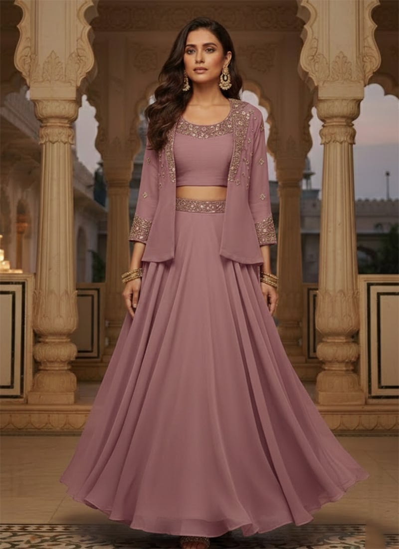 Mauve Georgette Sequins Beads Indowestern Skirt Set With Jacket After Six Wear