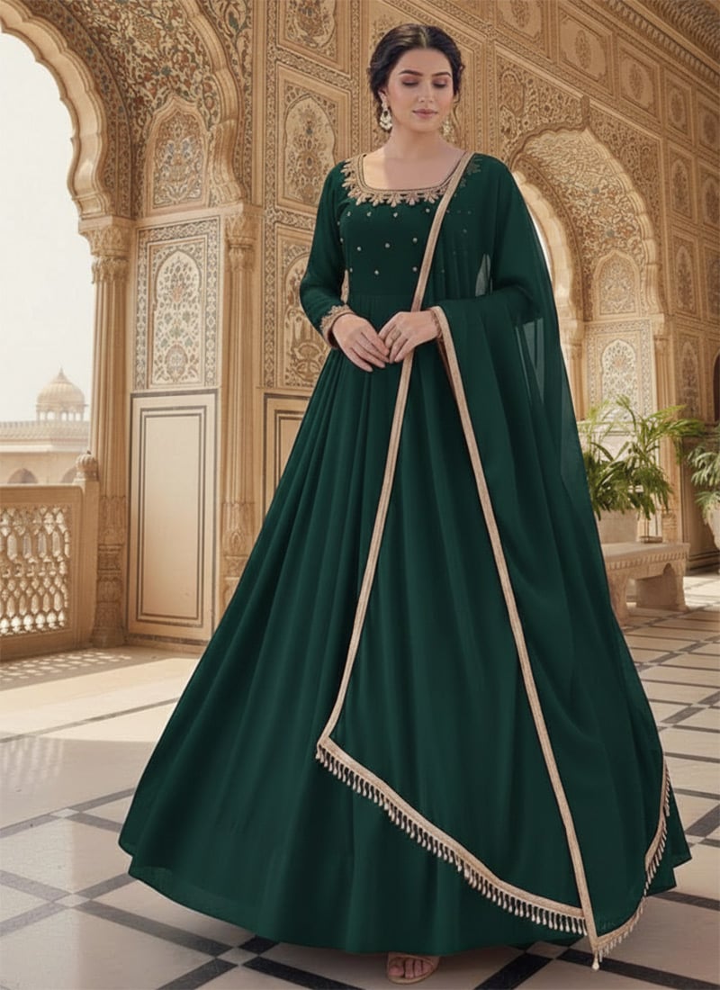 Green Georgette Sequins Beads Work A Line Anarkali Suit Wedding Wear