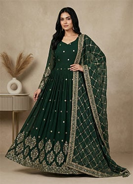 Green Georgette Sequins Embroidered Anarkali Suit
