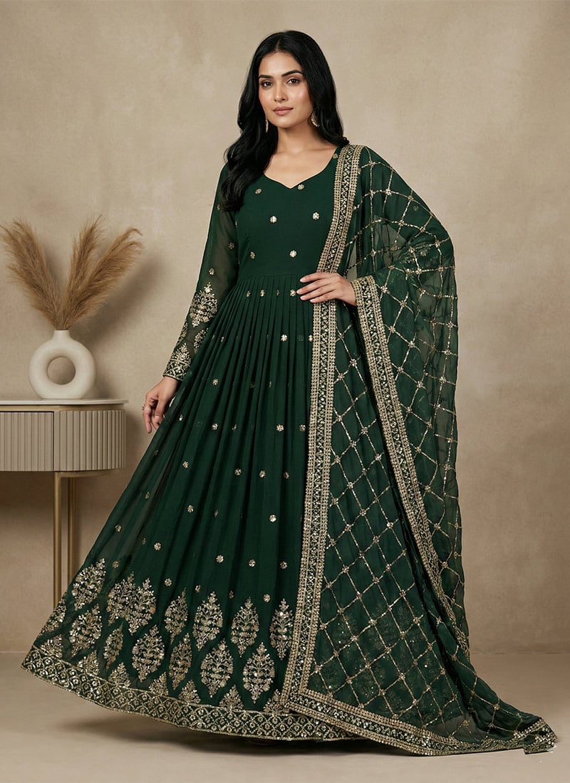 Green Georgette Sequins Embroidered Anarkali Suit Festive Wear