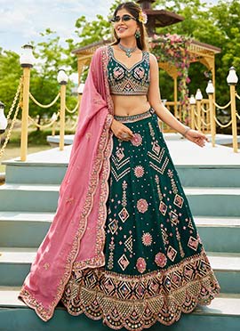 Green Georgette Sequins Embroidered Cut Work Zari Lehenga Set Wedding Wear