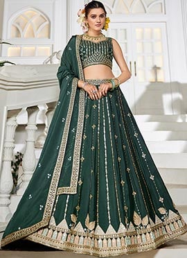 Green Georgette Sequins Embroidered Zari Lehenga Set Wedding Wear