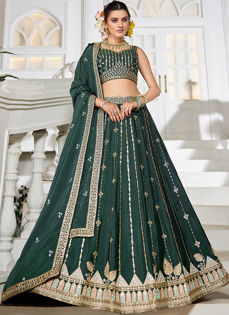 Green Georgette Sequins Embroidered Zari Lehenga Set