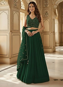 Green Georgette Sequins Hand Embroidered Lehenga