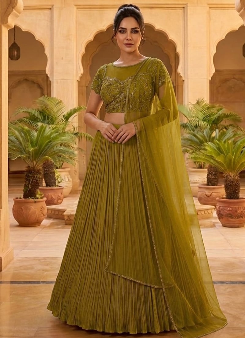 Green Georgette Sequins Hand Embroidered Lehenga Wedding Wear