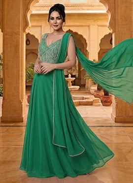 Green Georgette Sequins Hand Embroidered Lehenga