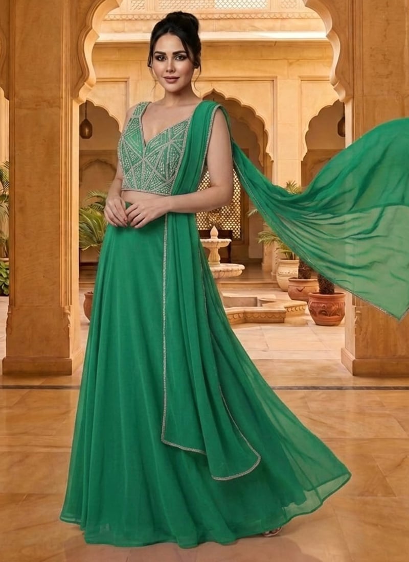 Green Georgette Sequins Hand Embroidered Lehenga Wedding Wear