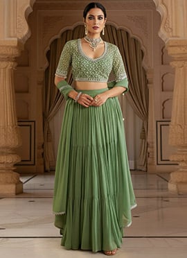 Green Georgette Sequins Hand Embroidered Lehenga