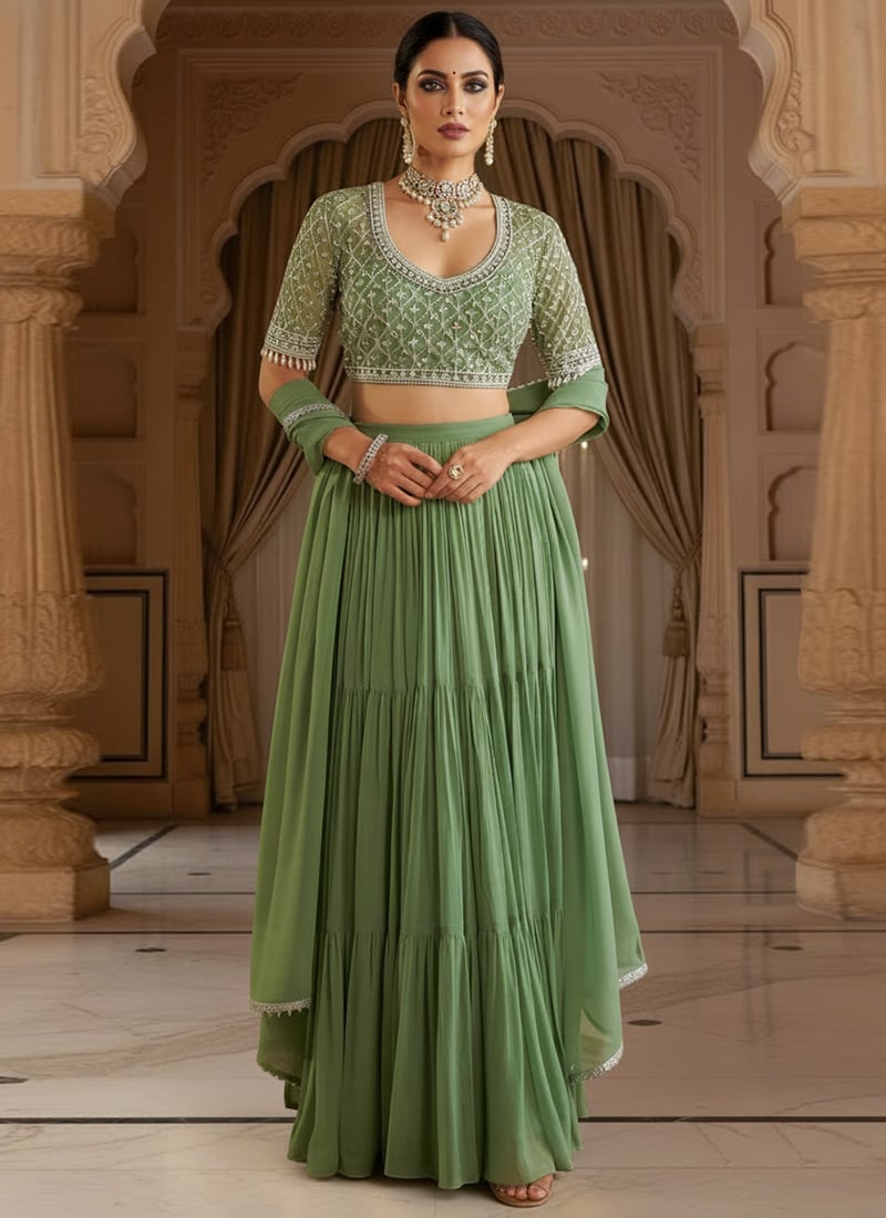 Green Georgette Sequins Hand Embroidered Lehenga Wedding Wear