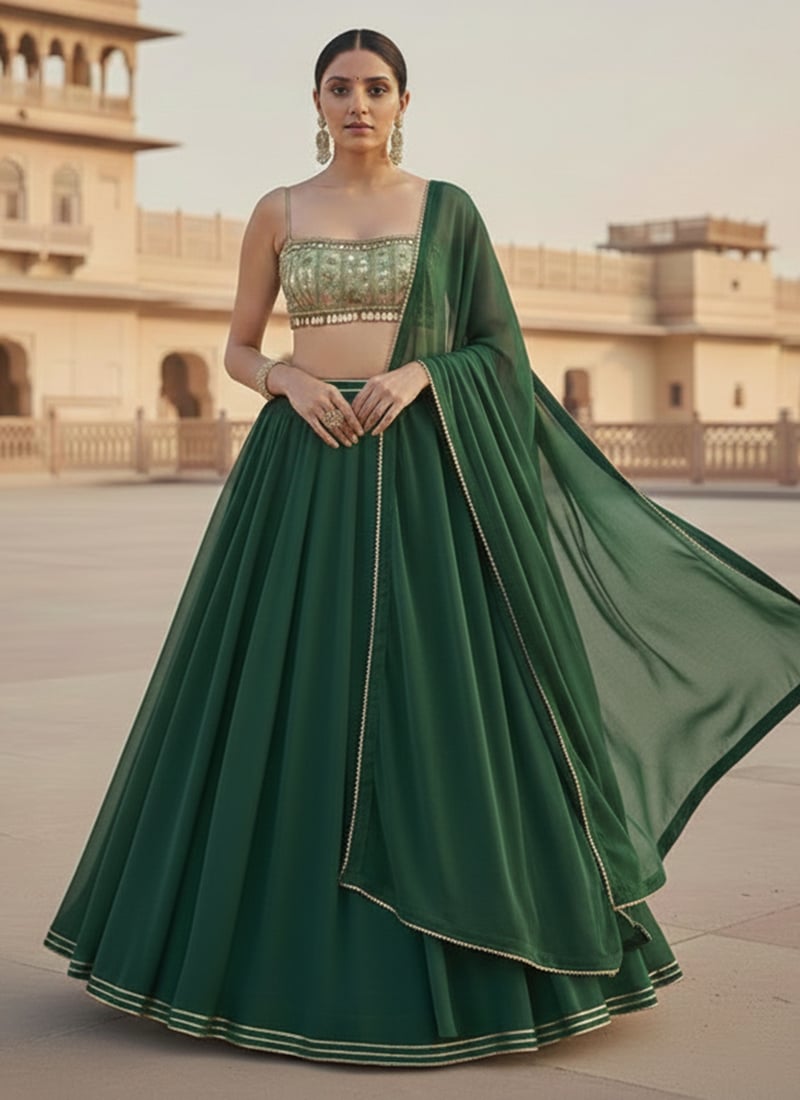 Green Georgette Sequins Hand Embroidered Lehenga