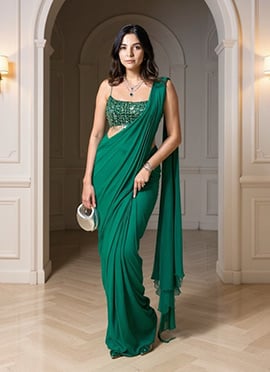 Green Georgette Sequins Hand Embroidered Saree