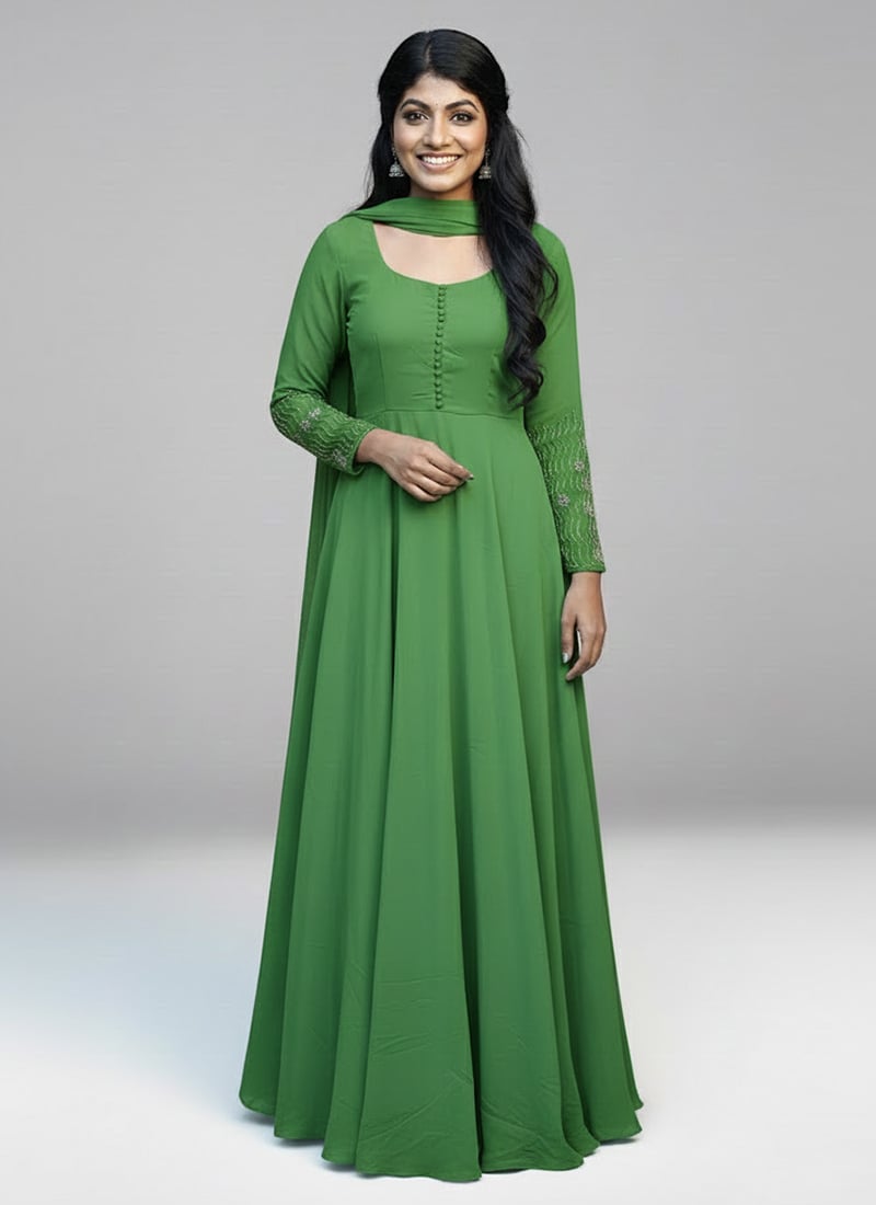 Green Georgette Sequins Hand Embroidery Anarkali Suit Festive Wear