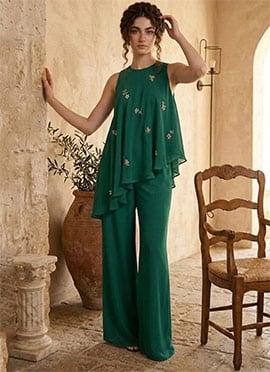 Green Georgette Sequins Indowestern Palazzo Set
