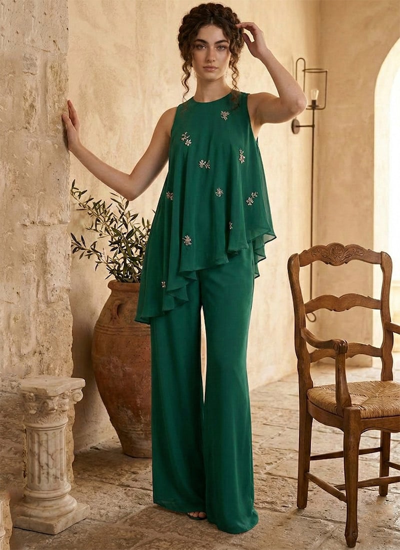 Green Georgette Sequins Indowestern Palazzo Set After Six Wear