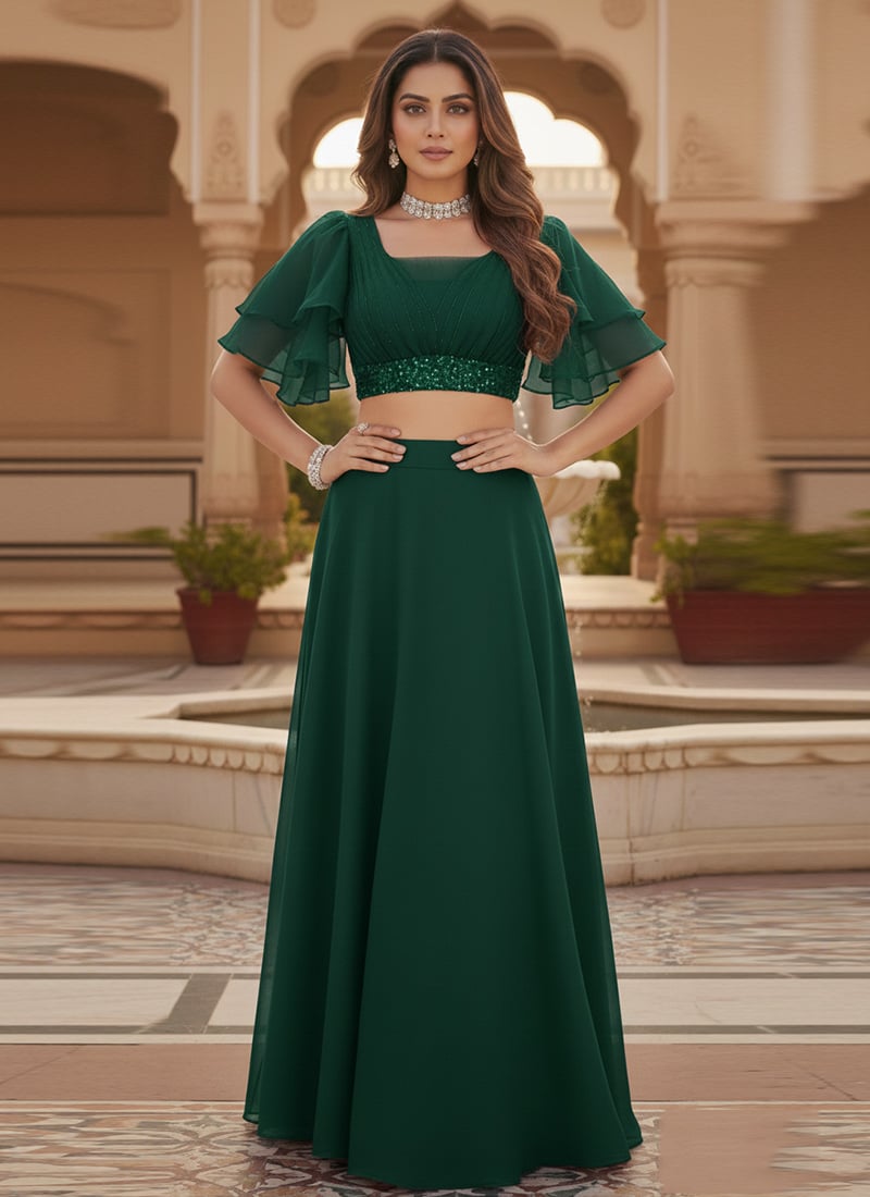 Green Georgette Sequins Indowestern Skirt Set Wedding Wear