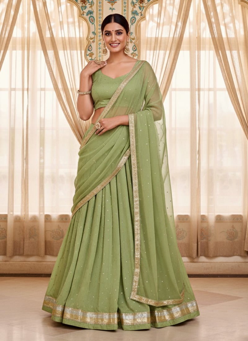 Green Georgette Sequins Lehenga Wedding Wear