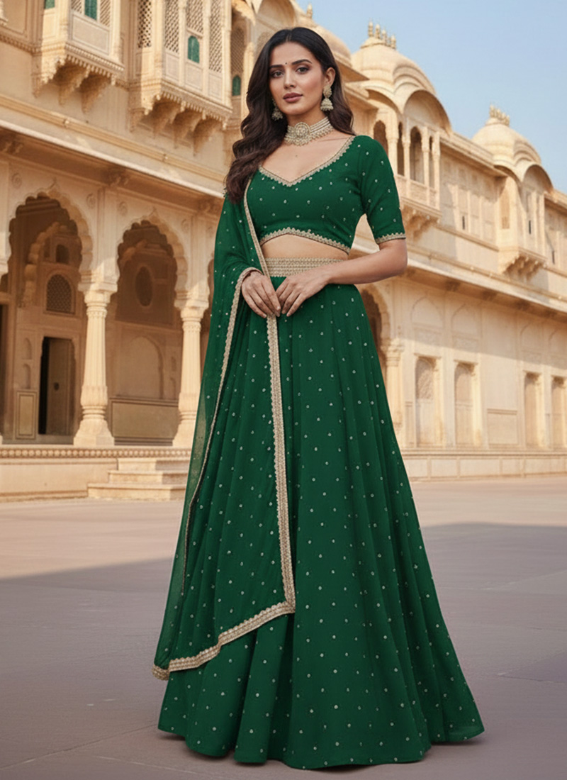 Green Georgette Sequins Lehenga Wedding Wear