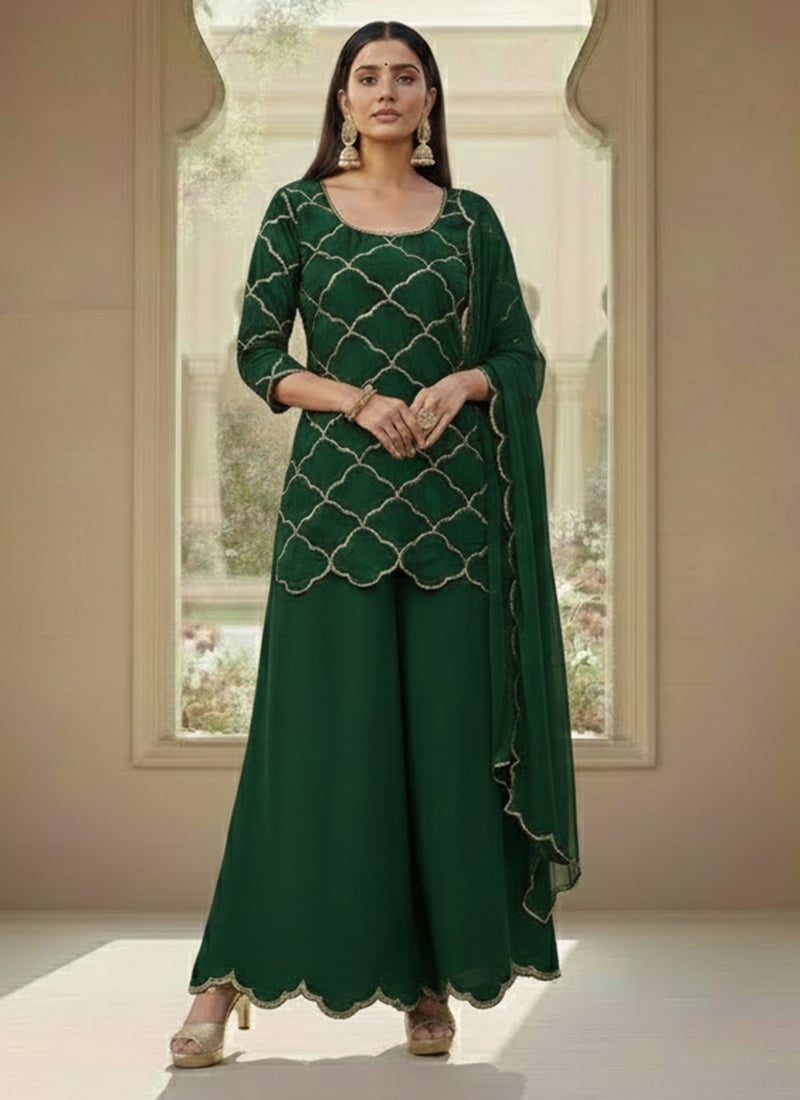 Green Georgette Sequins Palazzo Suit Festive Wear