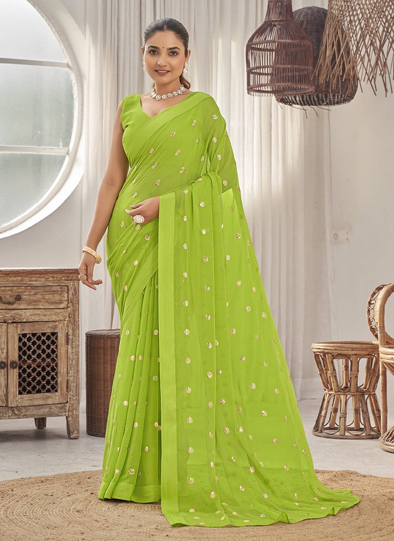 Green Georgette Sequins Saree Festive Wear