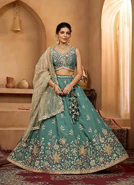 Green Georgette Sequins Stones Embroidered Cut Work Umbrella Lehenga Wedding Wear