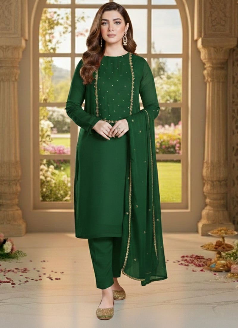Green Georgette Sequins Straight Pant Suit Festive Wear